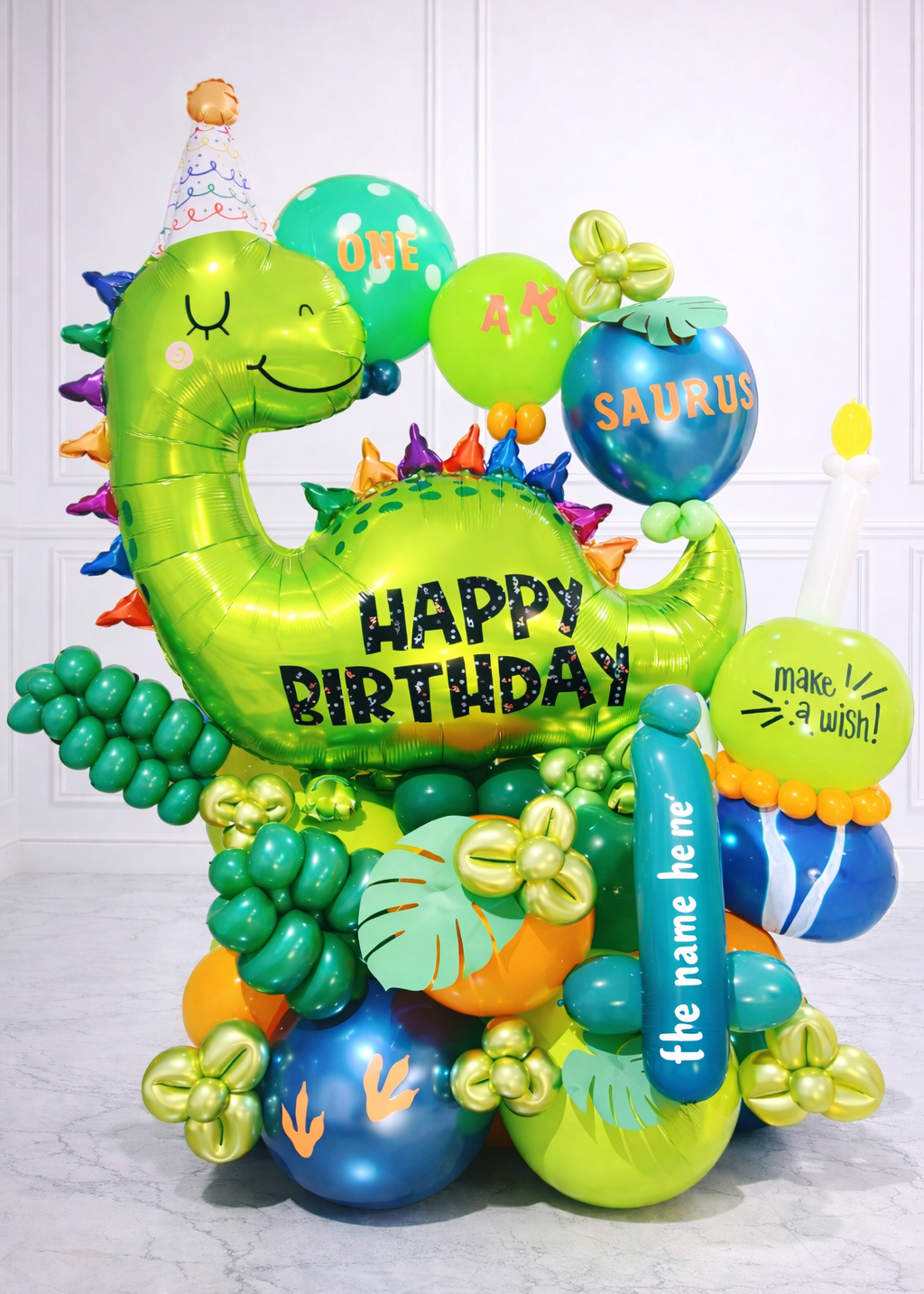 33-inch birthday cake foil balloon in luxury dinosaur balloon bouquet centerpiece with custom name option for kids party