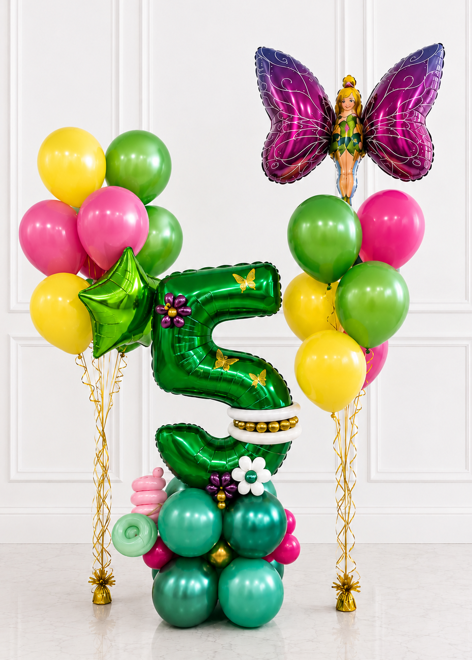 Tinker Bell birthday balloon gift delivery in Tampa,Party Galore Tampa custom Tinker Bell balloon bouquet, Custom birthday balloon bouquet with fairy and number 5 balloon