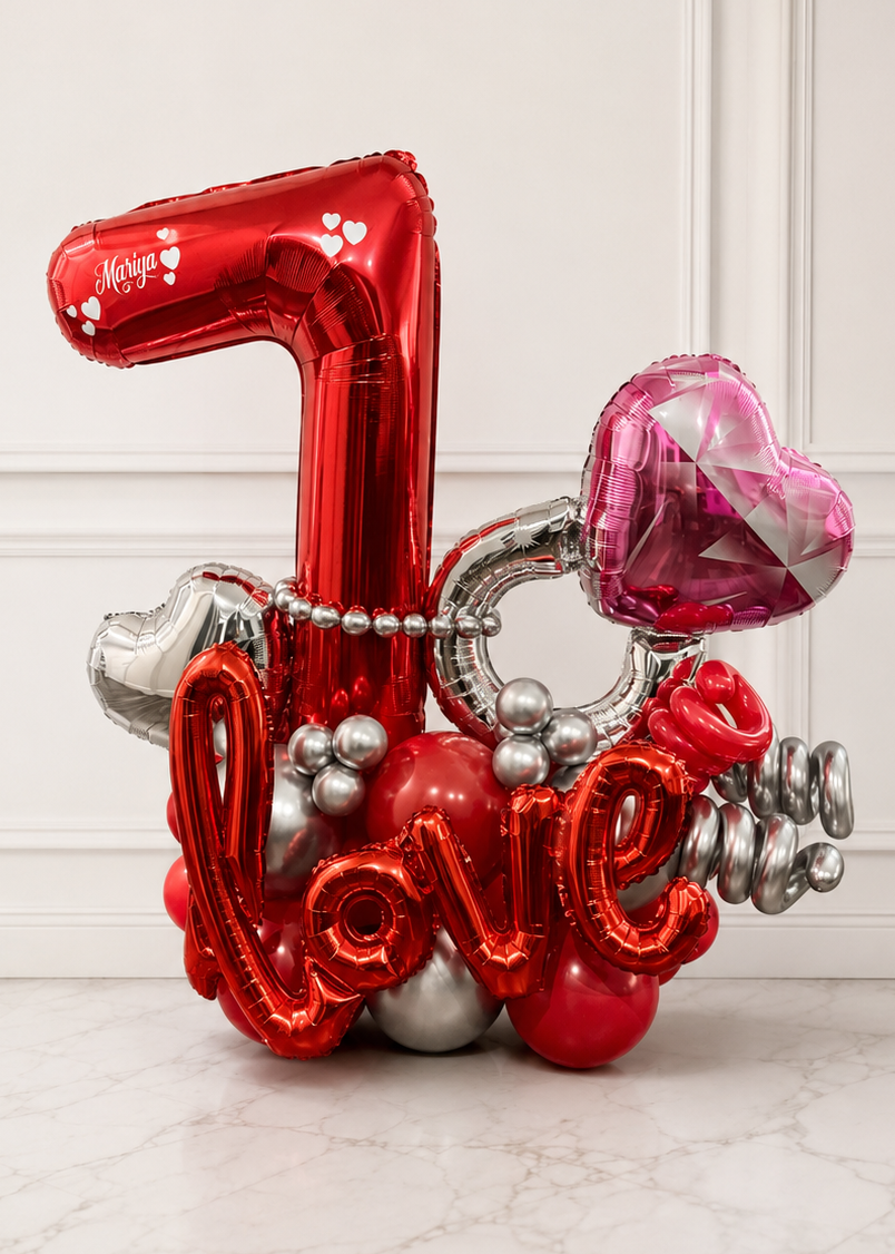 Personalized 7 year wedding anniversary balloon centerpiece
Red and silver anniversary balloon bouquet for couples, Luxury anniversary balloon arrangement Tampa, Romantic red balloon bouquet for anniversary celebration