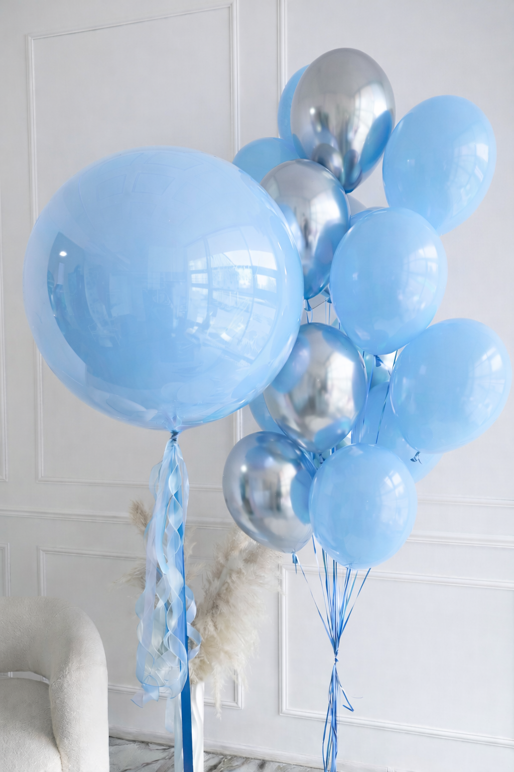 Personalized baby girl balloon bouquet with blush pink bubble and chrome balloons