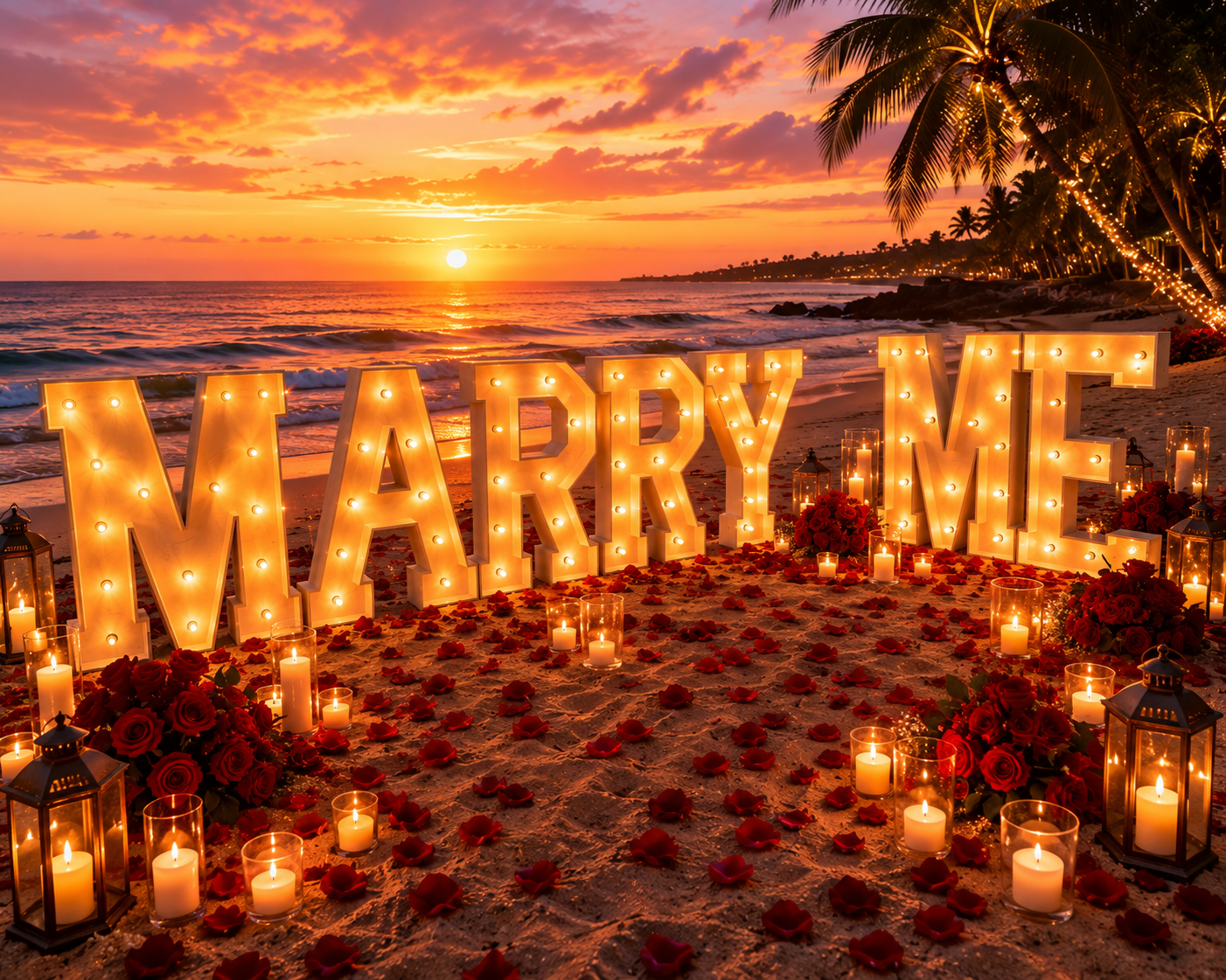 Luxury beach proposal setup in Tampa with Marry Me letters