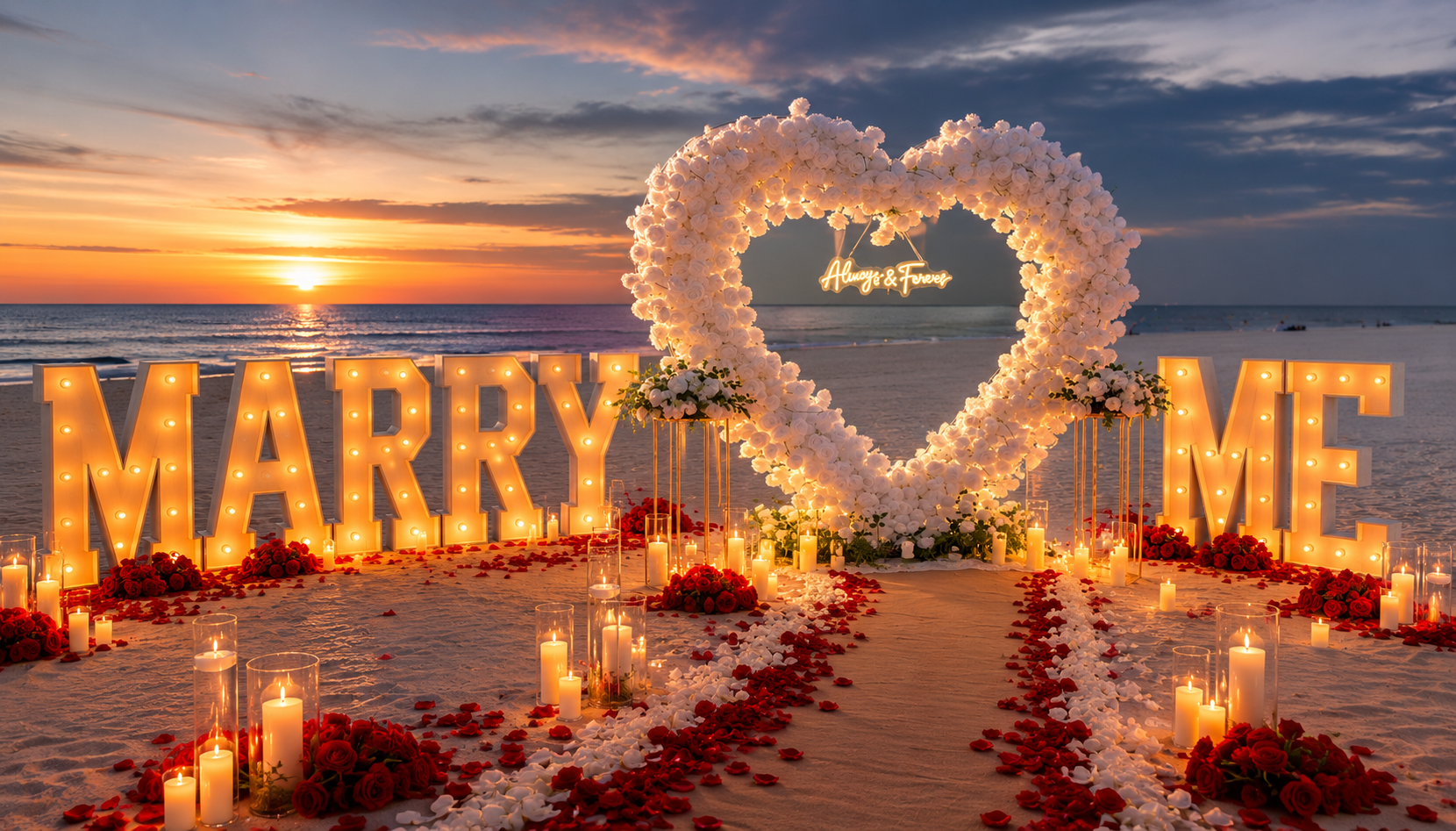 Luxury beach proposal setup with floral heart arch and Marry Me letters in Tampa