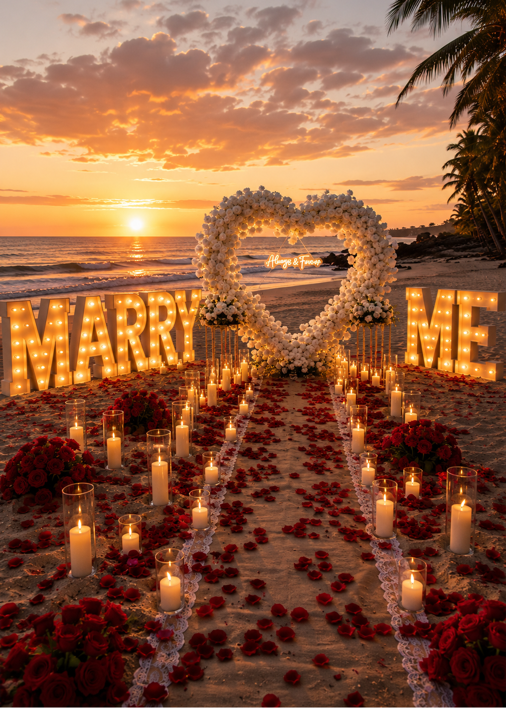 Luxury beach proposal setup in Tampa with Marry Me letters and floral heart arch