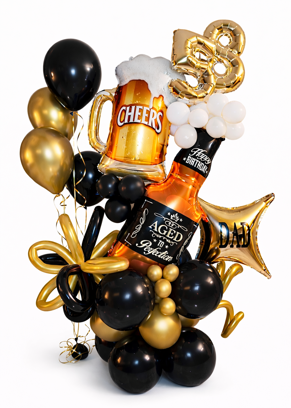 Black and gold 58th birthday balloon bouquet with beer mug balloon, whiskey bottle balloon, gold number balloons and Dad star balloon arrangement