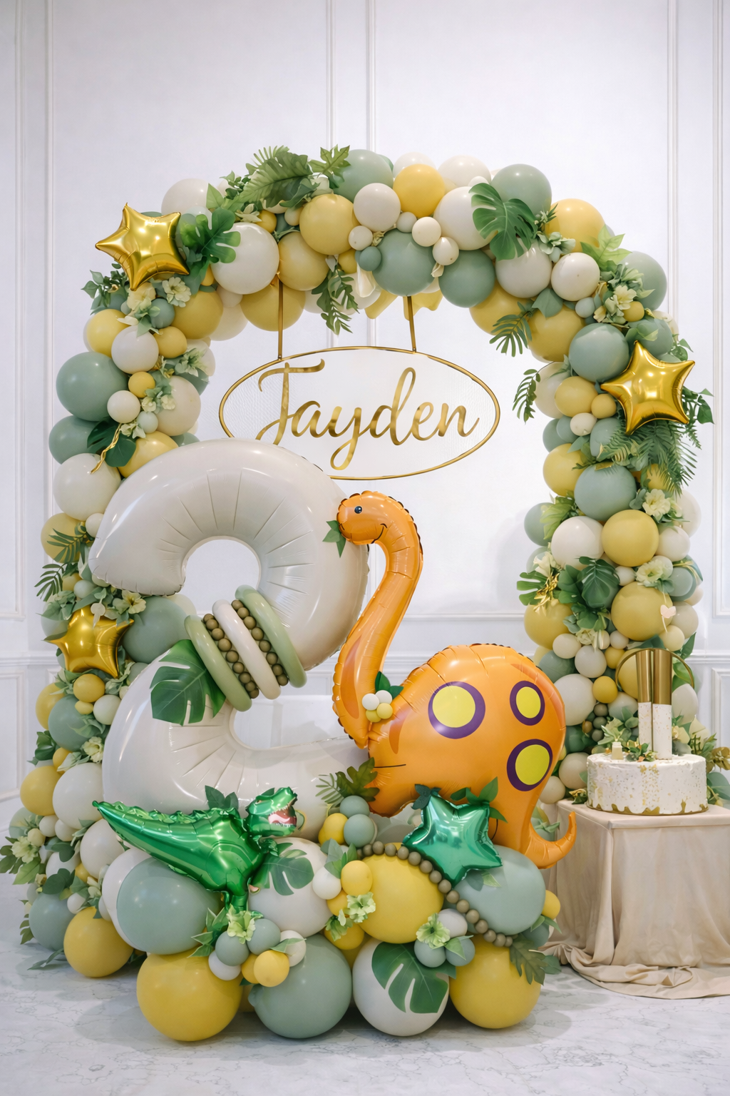 Dinosaur Number Balloon Bouquet – Neutral Jungle Balloon Arrangement with Custom Name | Kids Birthday Balloons Tampa Delivery