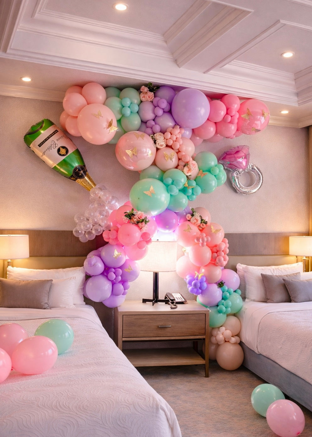 Luxury Bride To Be balloon garland in pastel tones with floral accents decorating a hotel room for bachelorette celebration in Tampa
