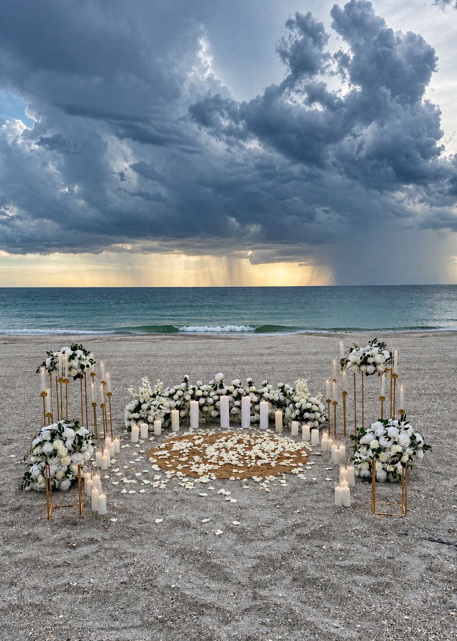 Classic beach proposal setup with luxury white floral arrangements, gold stands, LED candles, round rug and white rose petals