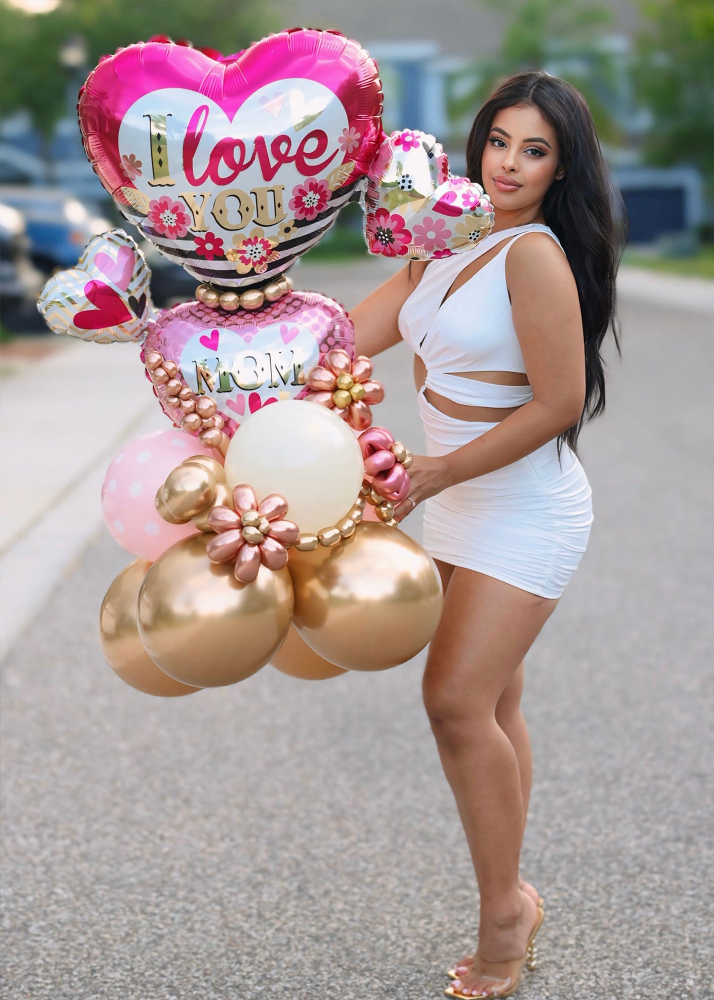 I Love You Mom Pink and Gold Heart Cluster 36 Inch Mother's Day Balloon Bouquet