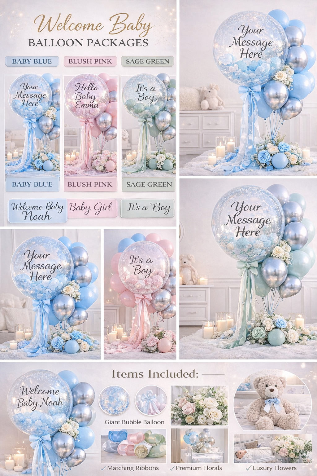 Custom Welcome Baby Balloon Bouquet – Personalized Bubble Balloon with Chrome Balloons | Baby Blue, Blush Pink, Sage Green