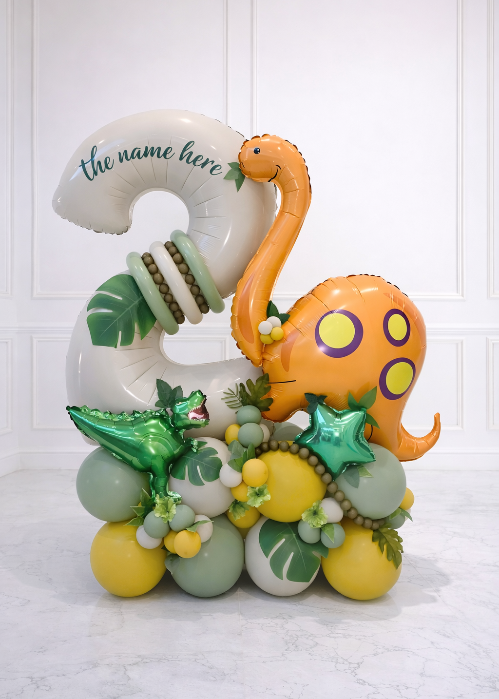 Luxury neutral jungle dinosaur number balloon bouquet with custom name and 33-inch birthday cake foil balloon for kids&