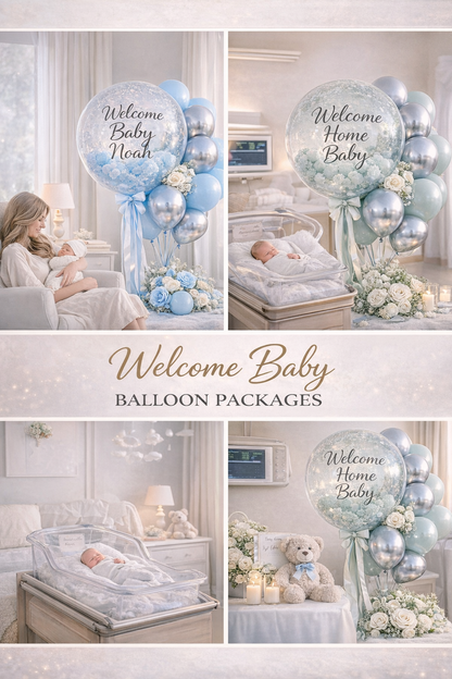 Custom Welcome Baby Balloon Bouquet – Personalized Bubble Balloon with Chrome Balloons | Baby Blue, Blush Pink, Sage Green