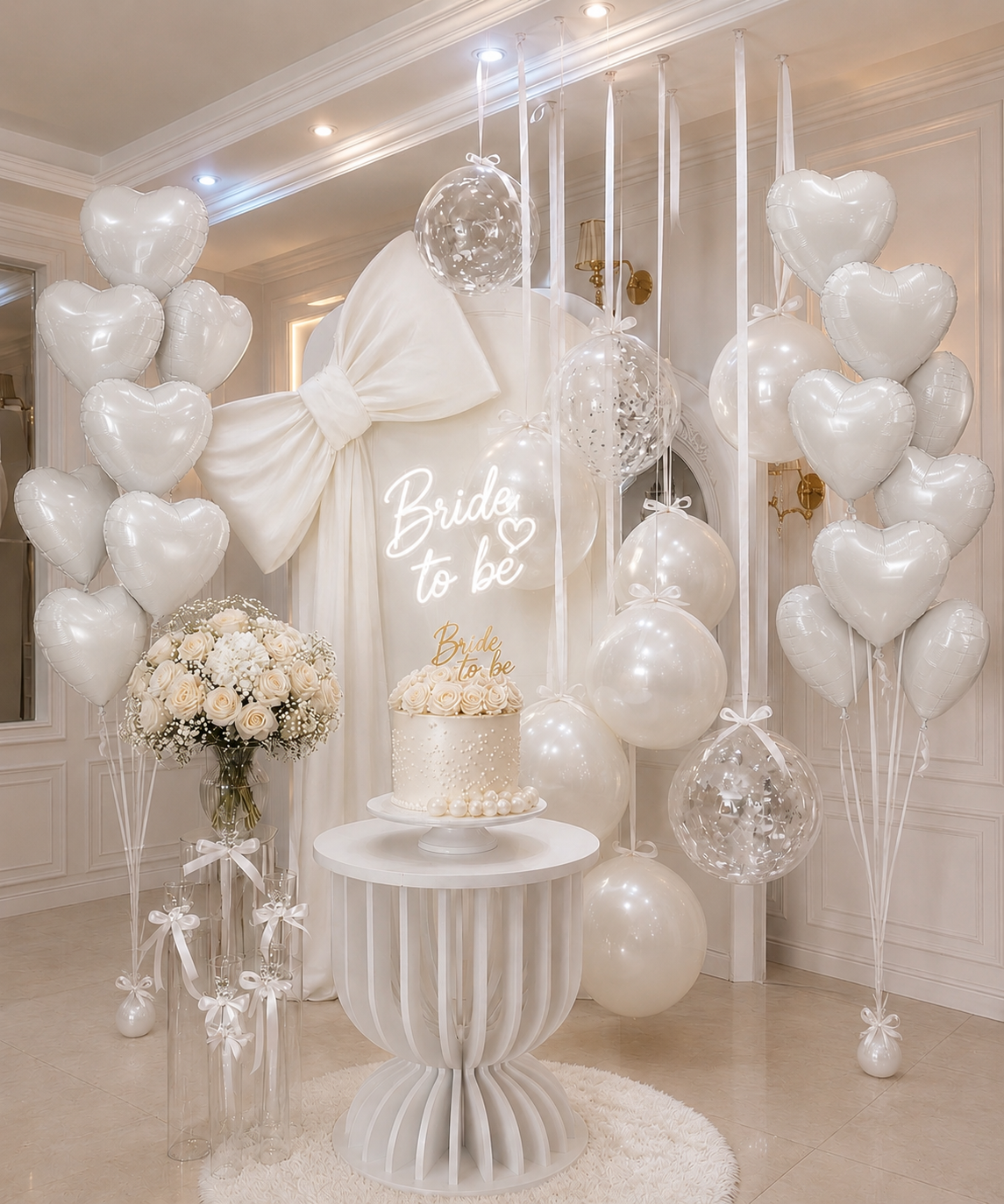 Elegant bridal shower balloon package with pearl white balloons and luxury décor setup in Tampa
