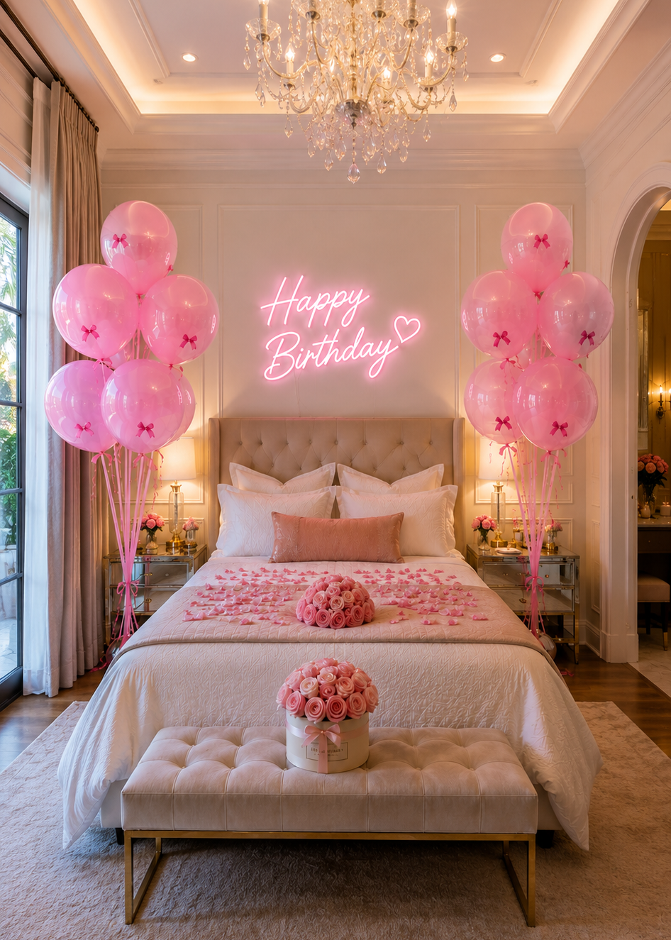 Two luxury pink Bobo helium balloon bouquets with satin bows framing an elegant bedroom
