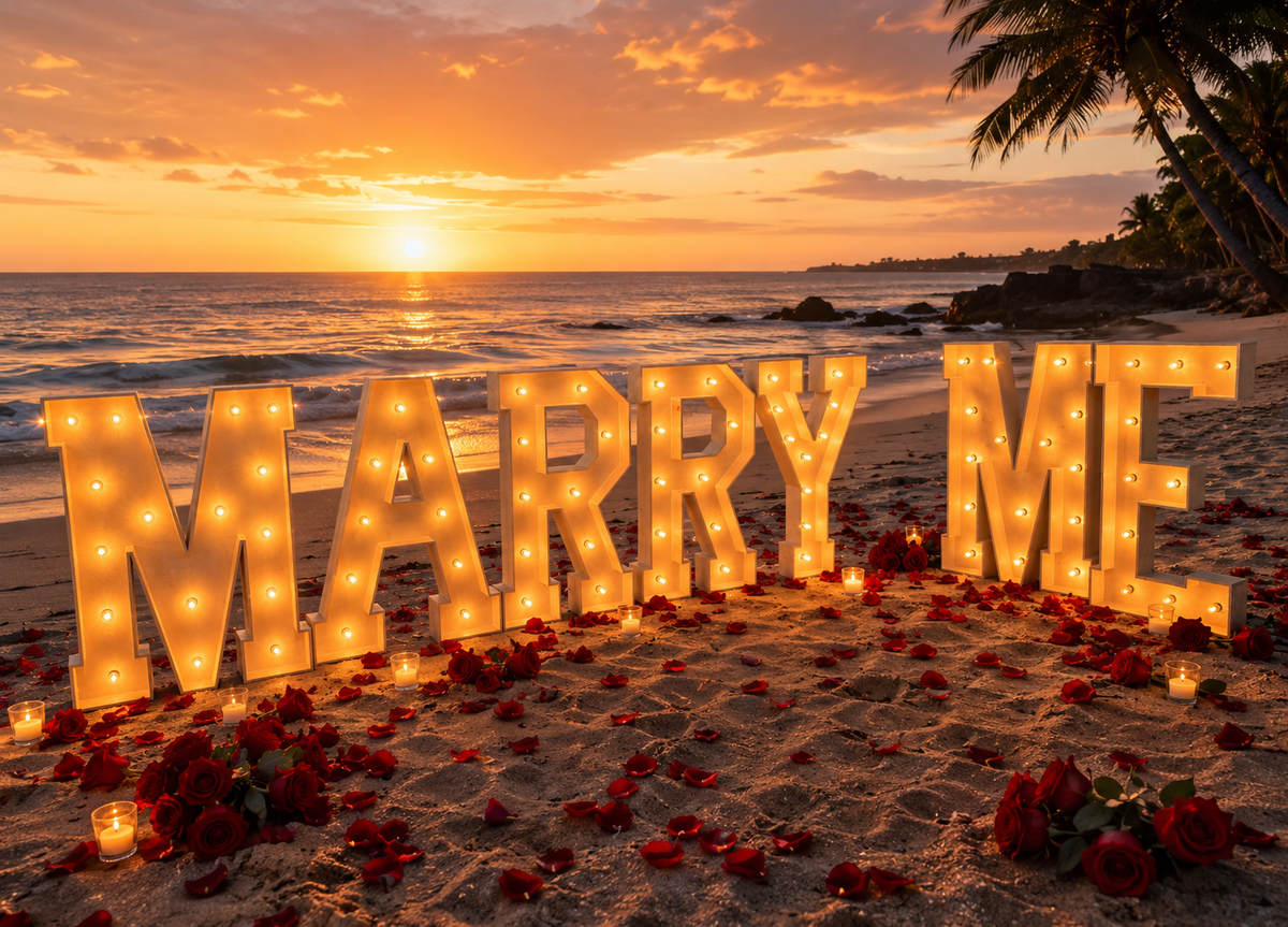 Tampa beach proposal with floral heart arch and candles