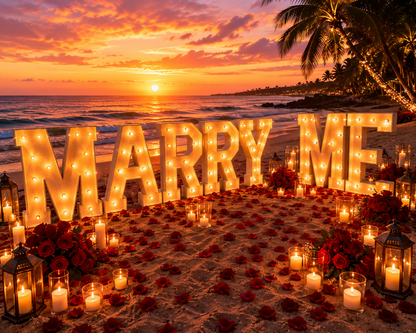 Luxury beach proposal setup in Tampa with Marry Me letters
