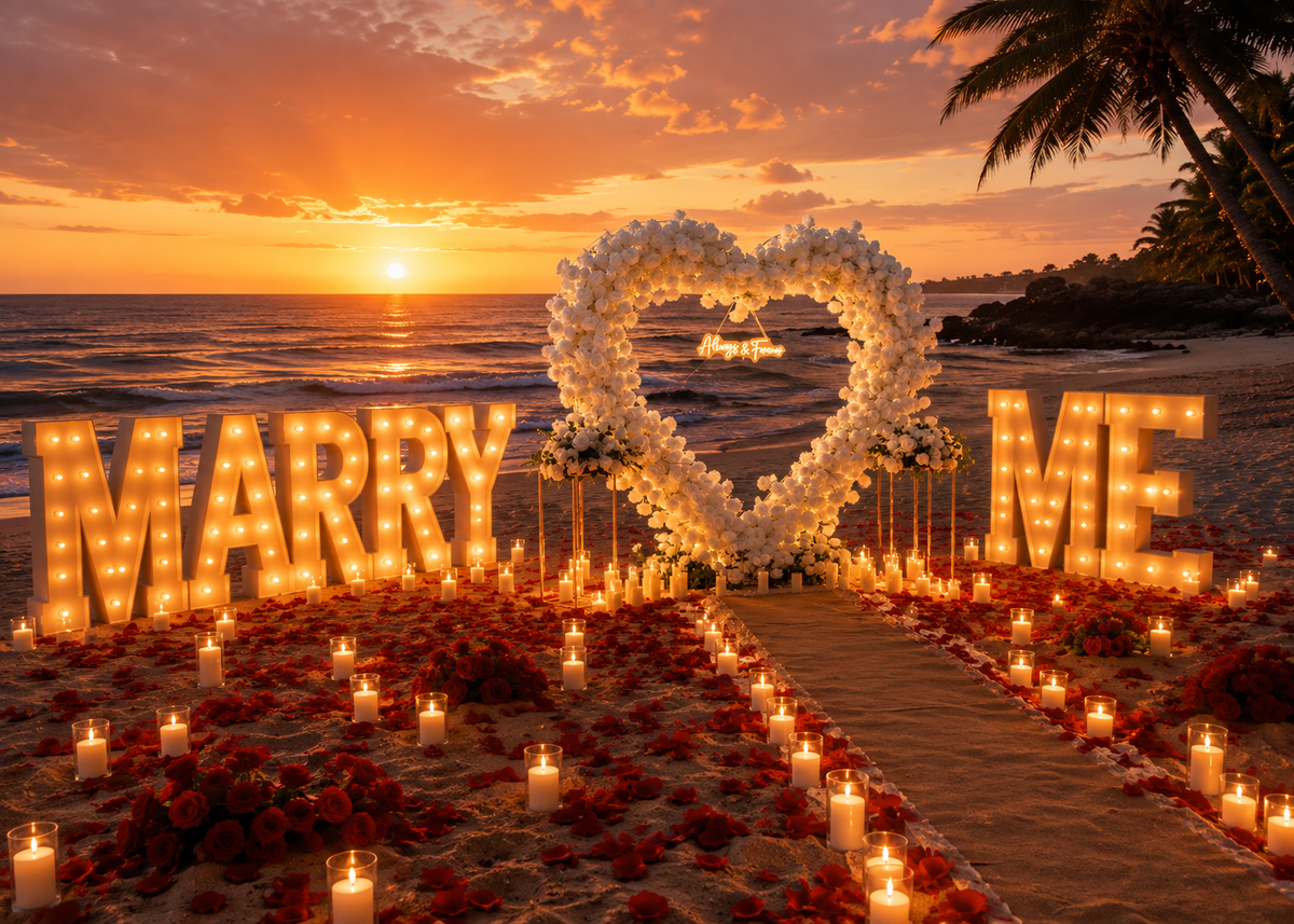 Luxury Beach Proposal Setup with Marry Me Letters &amp; Floral Heart Arch – Tampa