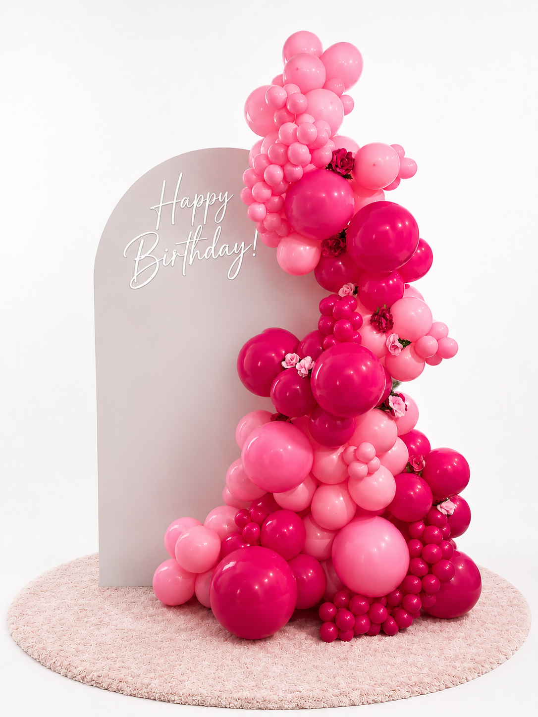 Luxury Pink Organic Balloon Garland with White Arch Backdrop | Happy Birthday Balloon Display | Tampa, FL