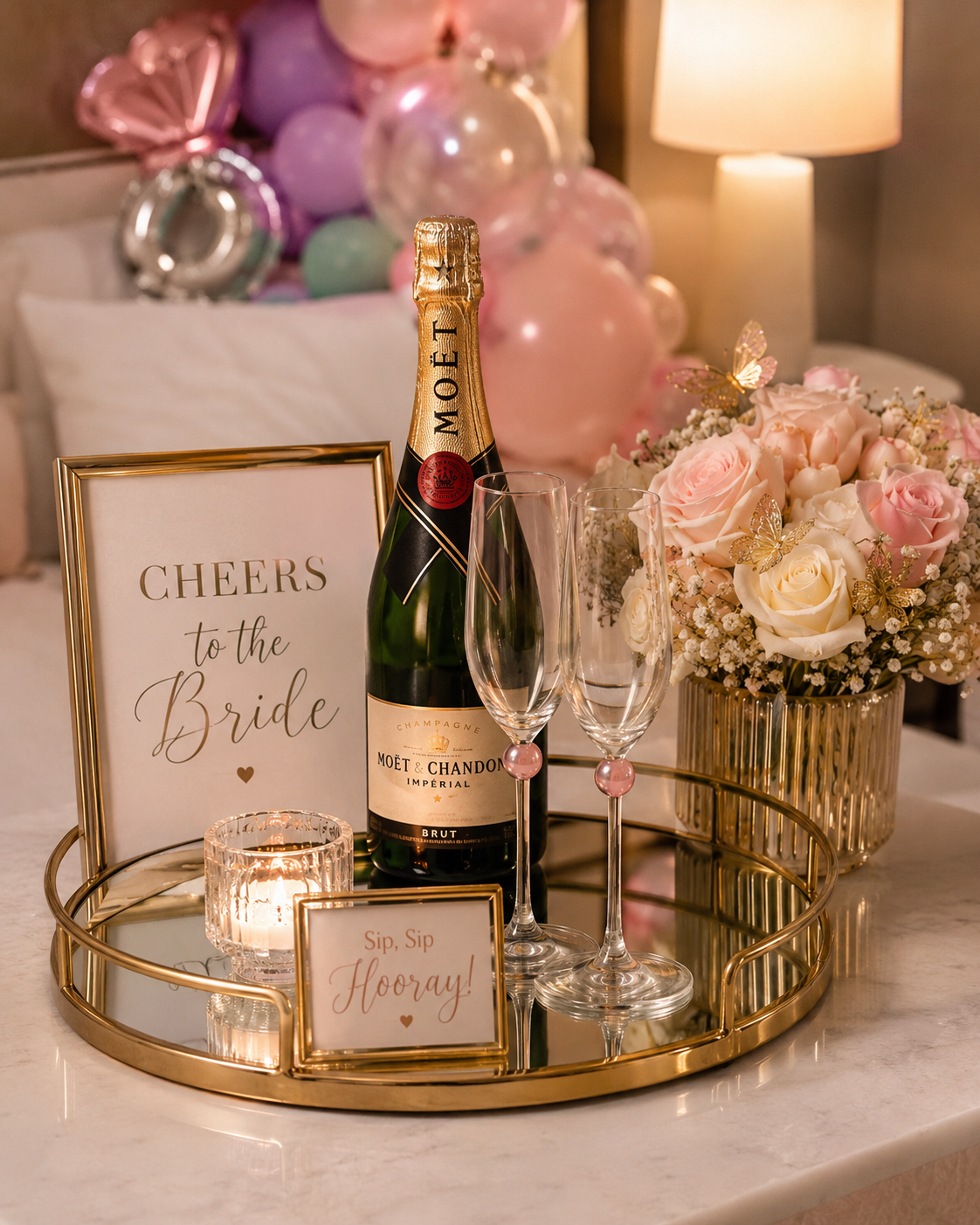 Luxury Champagne &amp; Flute Display with Moët &amp; Chandon, gold mirror tray, fresh flowers, and candles for elegant events in Tampa