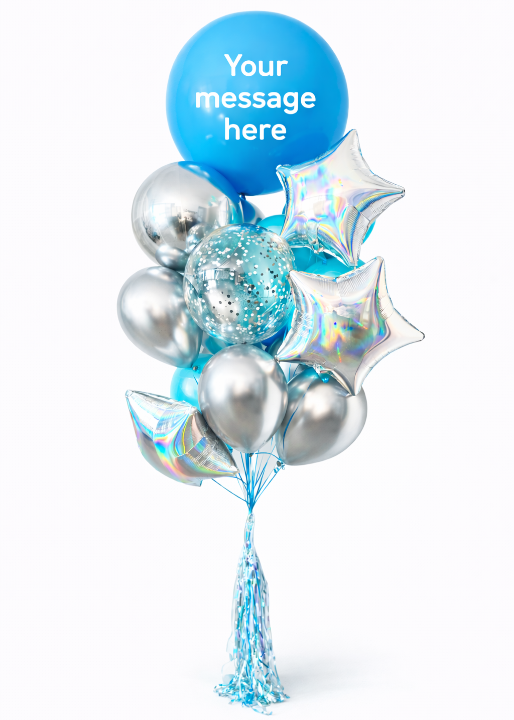 Personalized baby girl balloon bouquet with custom message, chrome, star, and confetti balloons in blue and silver