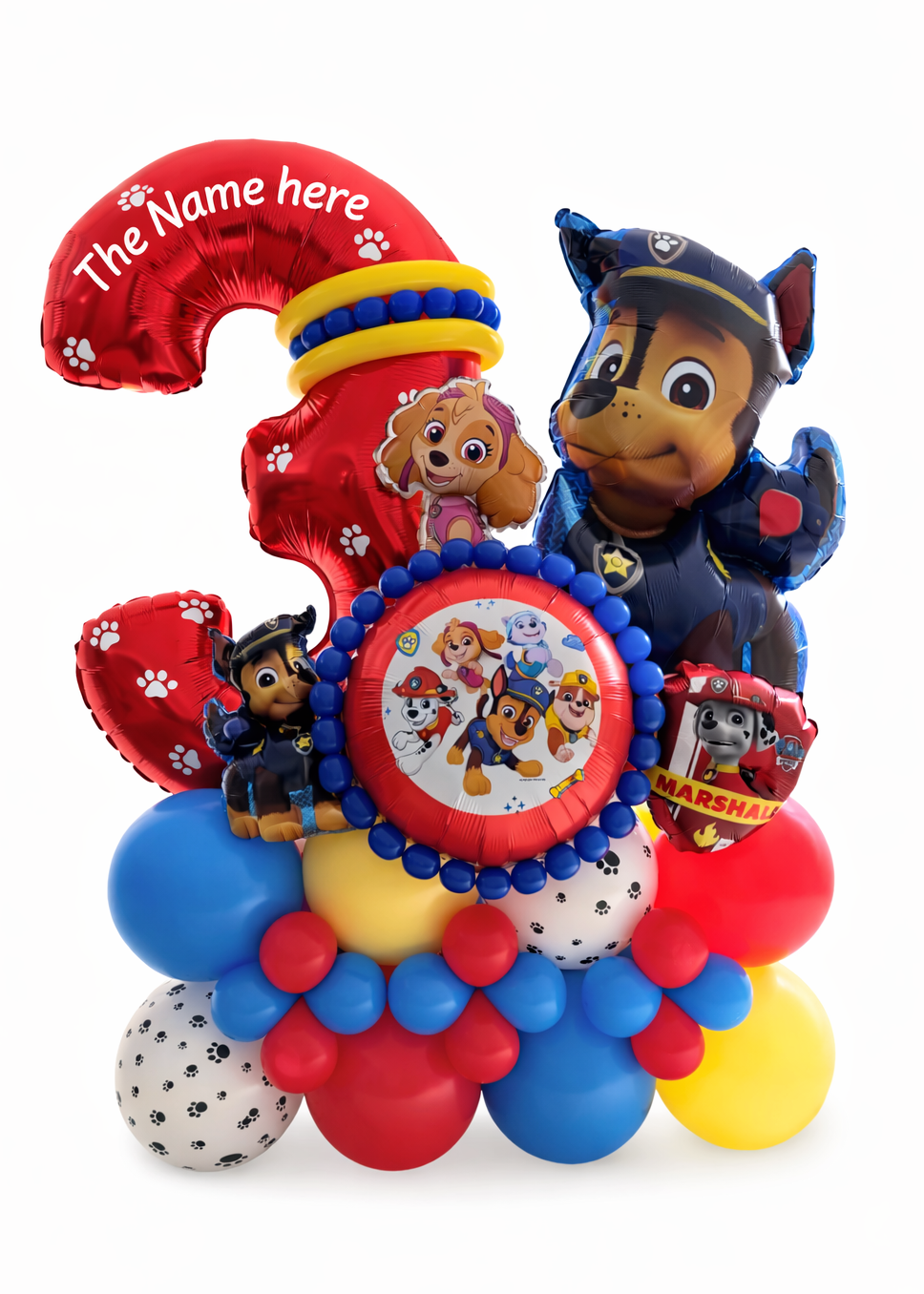 Paw Patrol personalized kids birthday balloon bouquet with custom name and character balloons
