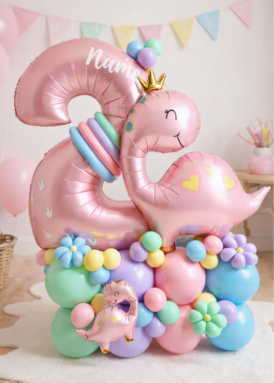 pastel dinosaur birthday balloon bouquet with pink dinosaur balloon number 2 and pastel balloon base