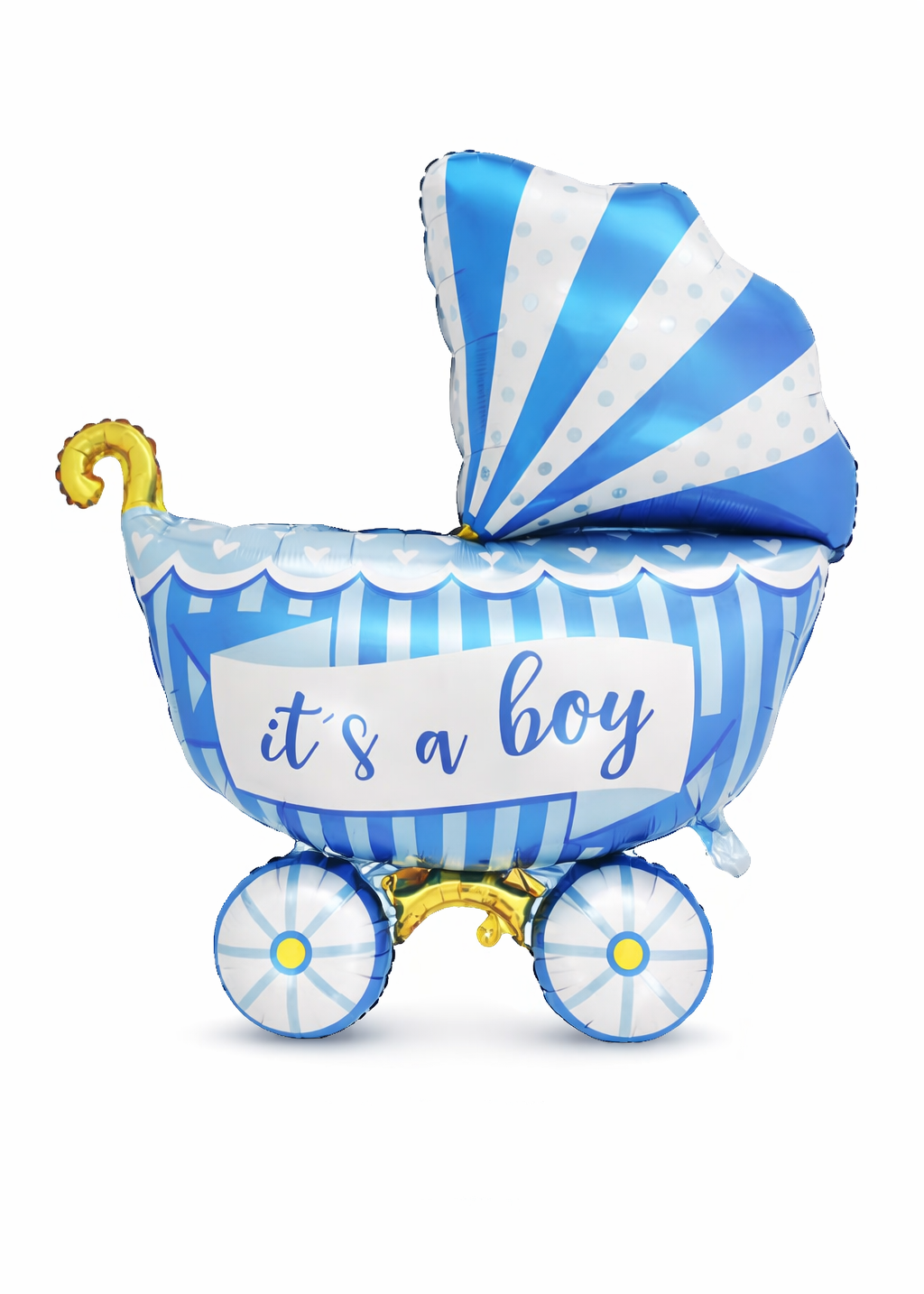 Blue baby carriage foil balloon with "It&