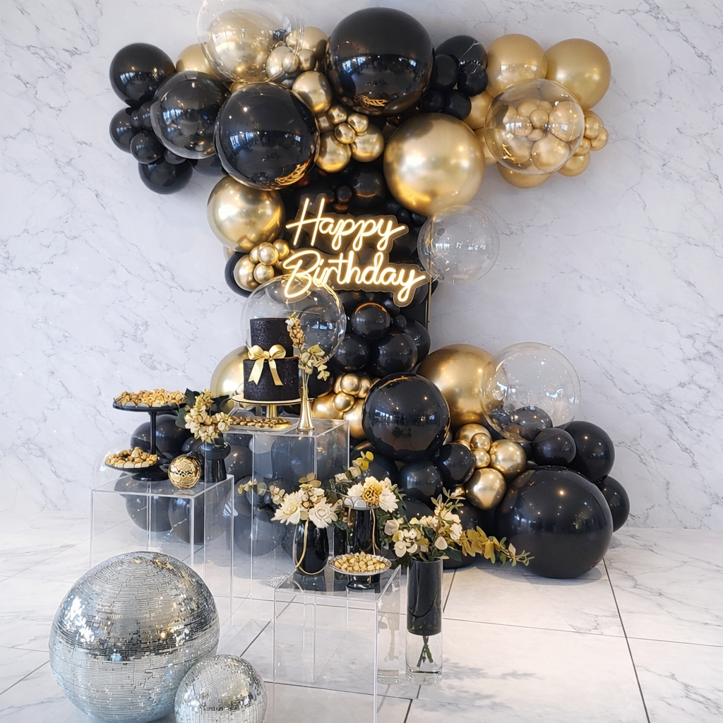 Black and gold luxury birthday balloon setup with neon Happy Birthday sign and elegant decor in Tampa