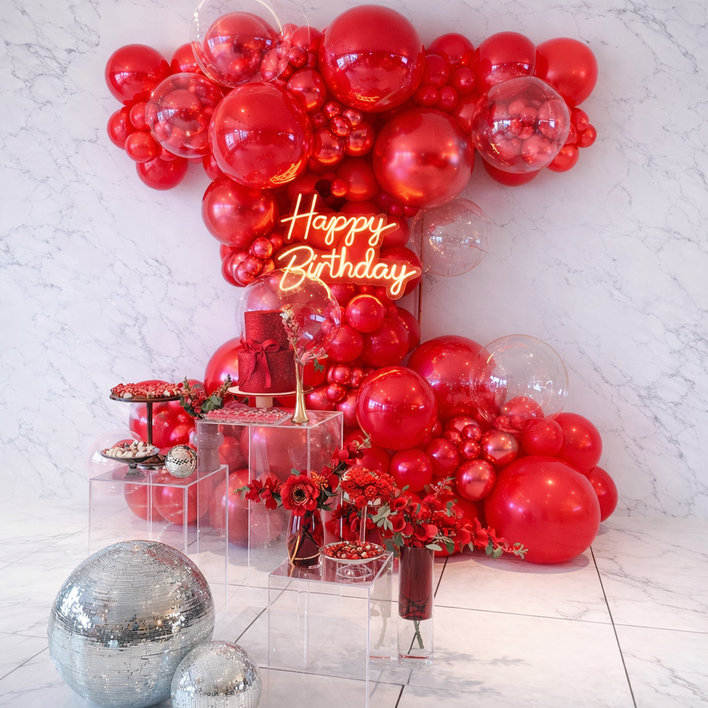 red balloons, romantic birthday decor, valentine style balloons, luxury red setup