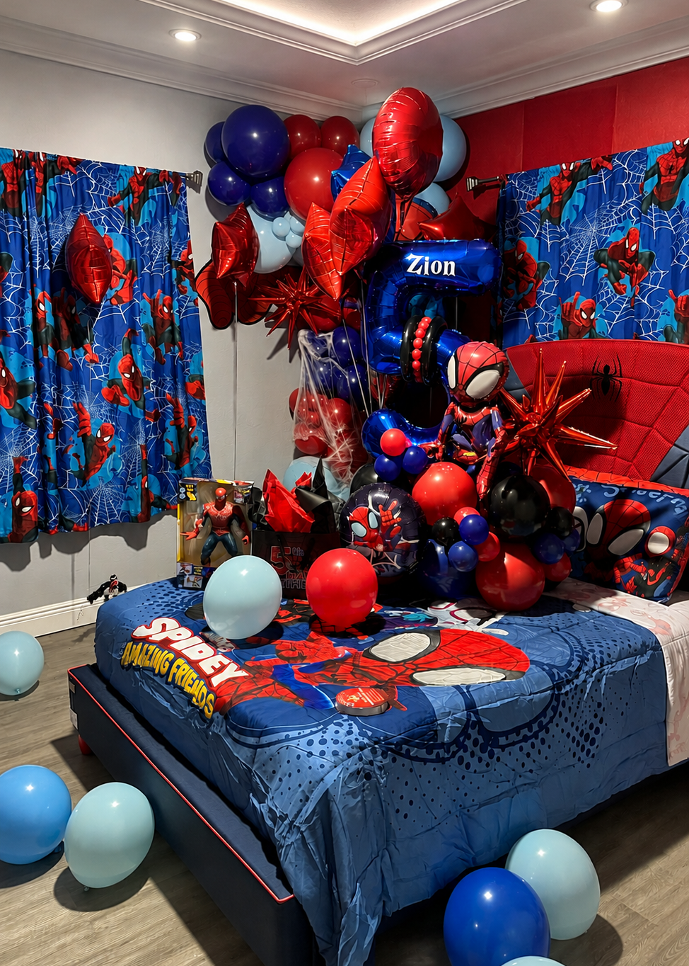 Spider-Man inspired birthday bedroom decoration with red and blue balloon garlands, helium balloons, personalized number balloon and kids birthday room setup in Tampa