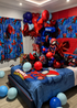 Spider-Man inspired birthday bedroom decoration with red and blue balloon garlands, helium balloons, personalized number balloon and kids birthday room setup in Tampa