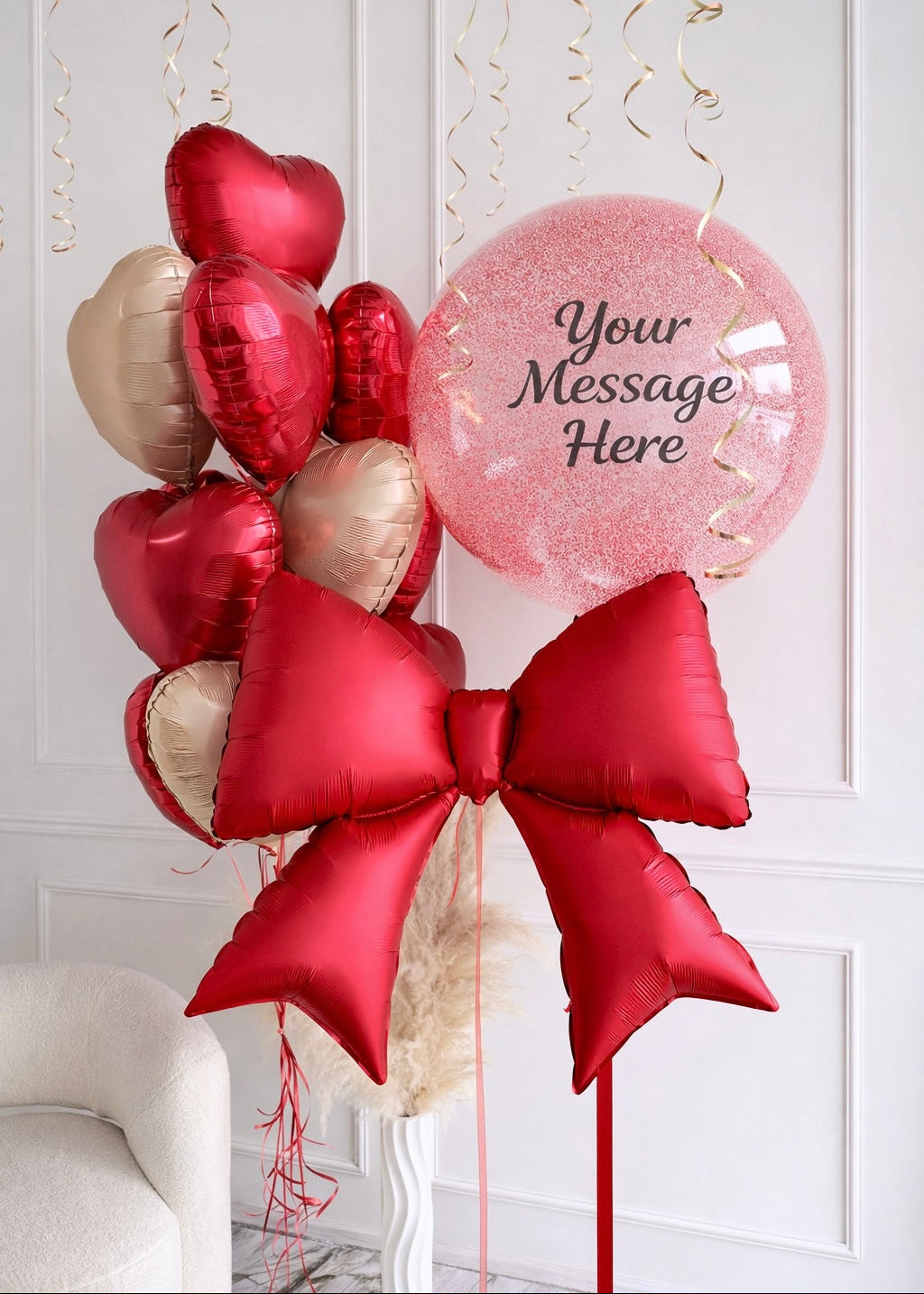 Luxury personalized balloon bouquet with custom bubble and heart balloons for Tampa delivery