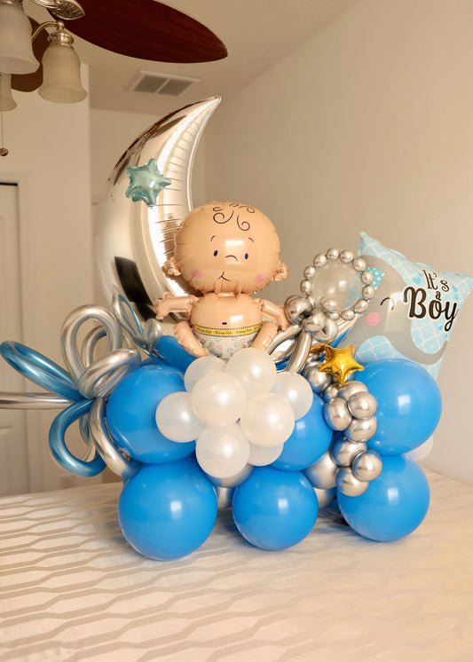 welcome baby 
baby shower 
baby boy balloon bouquet 