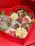 Box of chocolate covered strawberries dipped in white and semisweet chocolate