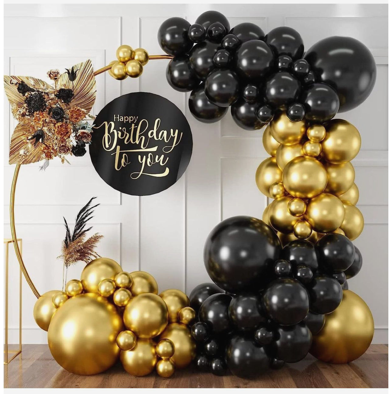 Black & Gold Balloon Garland On Circle Arch