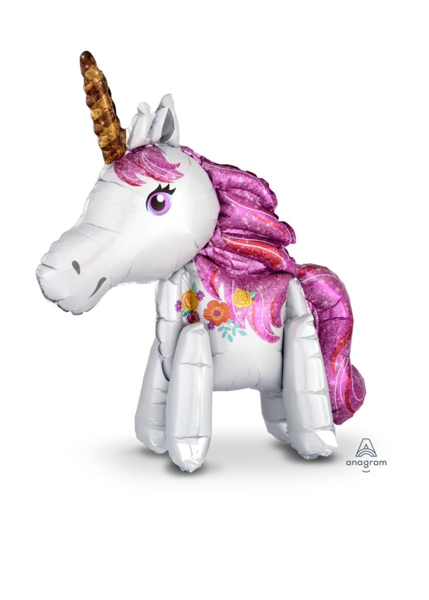 Magical unicorn foil balloon with pink glitter mane and golden horn for birthday parties