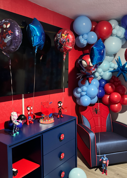 Spider-Man inspired birthday bedroom decoration with red and blue balloon garlands, helium balloons, personalized number balloon and kids birthday room setup in Tampa