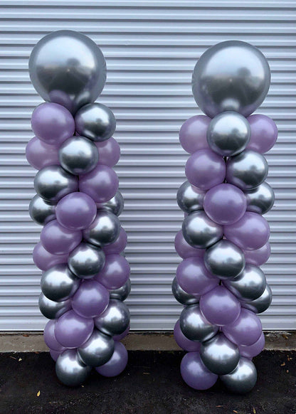 6ft tall spiral balloon columns in silver and purple for party decoration