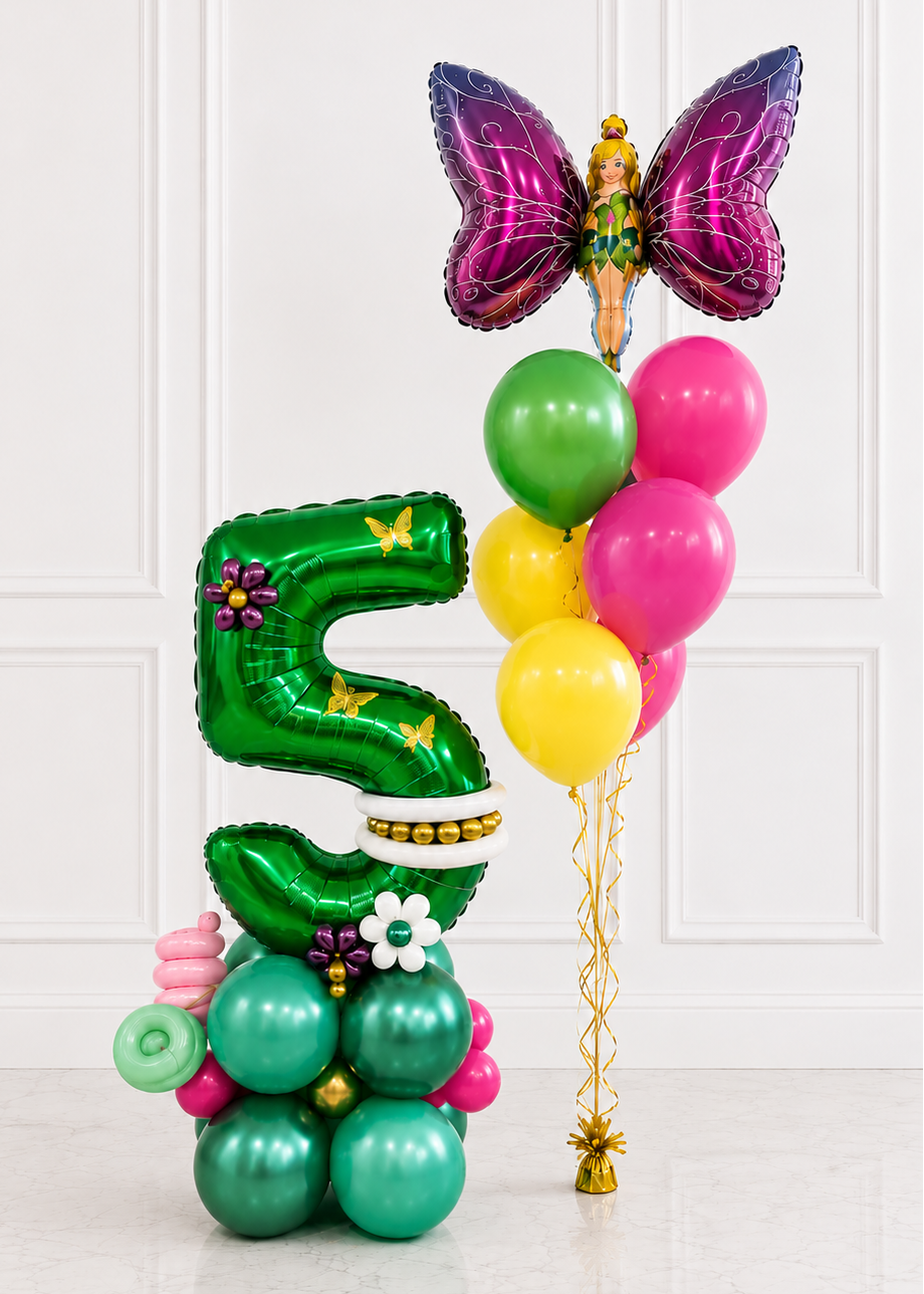 Custom Tinker Bell birthday balloon arrangement for girls, Luxury Tinker Bell balloon centerpiece for 5th birthday party
