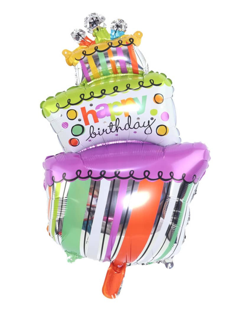 Colorful birthday cake-shaped balloon with &