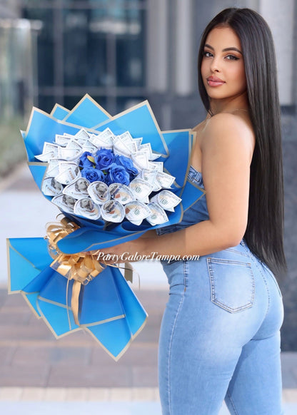 Blue Roses and Money Bouquet (30 Bills)