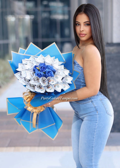Blue Roses and Money Bouquet (30 Bills)
